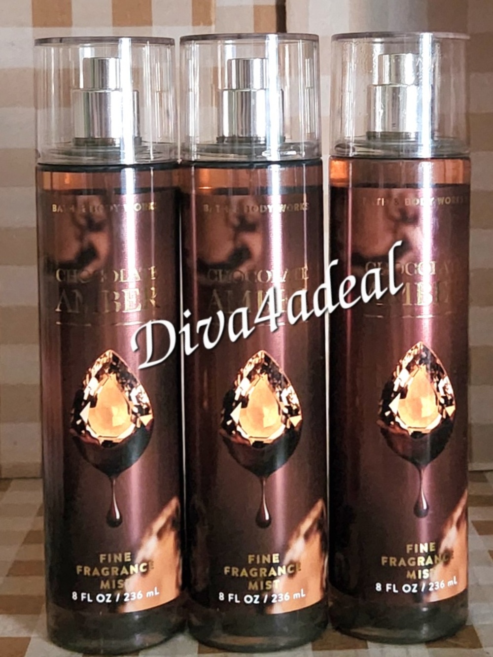 3X Bath & Body Works CHOCOLATE AMBER 8OZ Mist Spray Collection Set